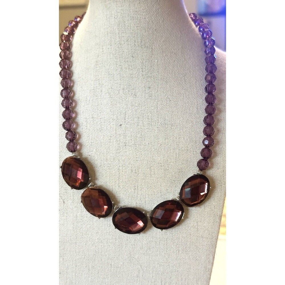 1928 Purple Faceted Simulated Crystal Statement Necklace Amethyst Tones